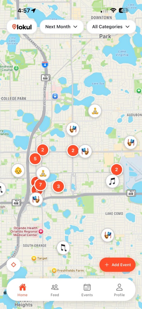 Lokul app screen showing nearby events map